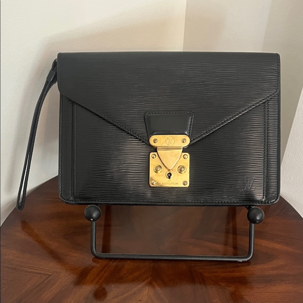 Louis Vuitton Épi Leather Black Clutch with Gold Lock and Key